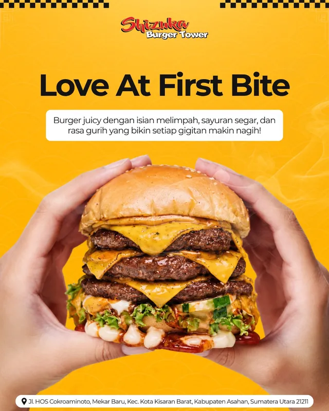 Poster Love At First Bite: burger tiga tingkat digenggam dua tangan